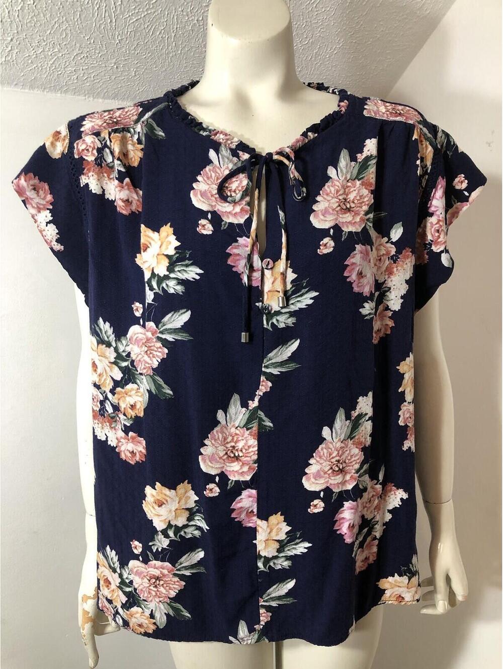 Buffalo David Bitton  Womens XXL Navy Floral Peasant Top Cap Sleeves Tie Neck